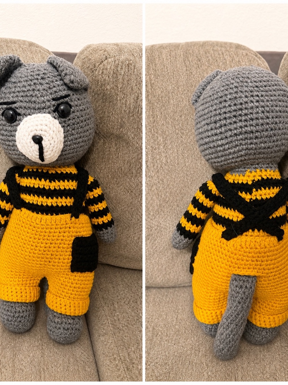 Handmade Gray and Yellow Crochet Bear Plush Toy